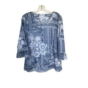 Alfred Dunner Blue Patchwork Print Top Sz Small 3/4 Sleeve Embellished Neckline